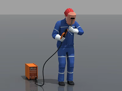 Man Wearing Blue Work Uniform Welding With Red Safety Helmet And Orange Machine 3d model