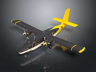 Yellow and Black Passenger Plane 3D Model with Yellow Wings Tail Reflection on Dark Background 3d model