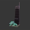 Black Skyscraper Architecture With Adjacent White Low Rise Building Featuring Curved Roof Design