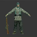 Man Wearing Military Uniform and Cap Holding Rifle in Standing Pose Against Dark Background