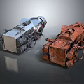 New And Rusty Industrial Mechanical Equipment With Metal Frames Wheels And Components