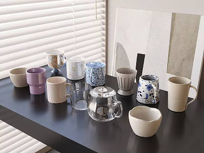 Various Stylish Cups Including Ceramic Glass And Patterned Designs On Black Table With Window Blinds 3d model
