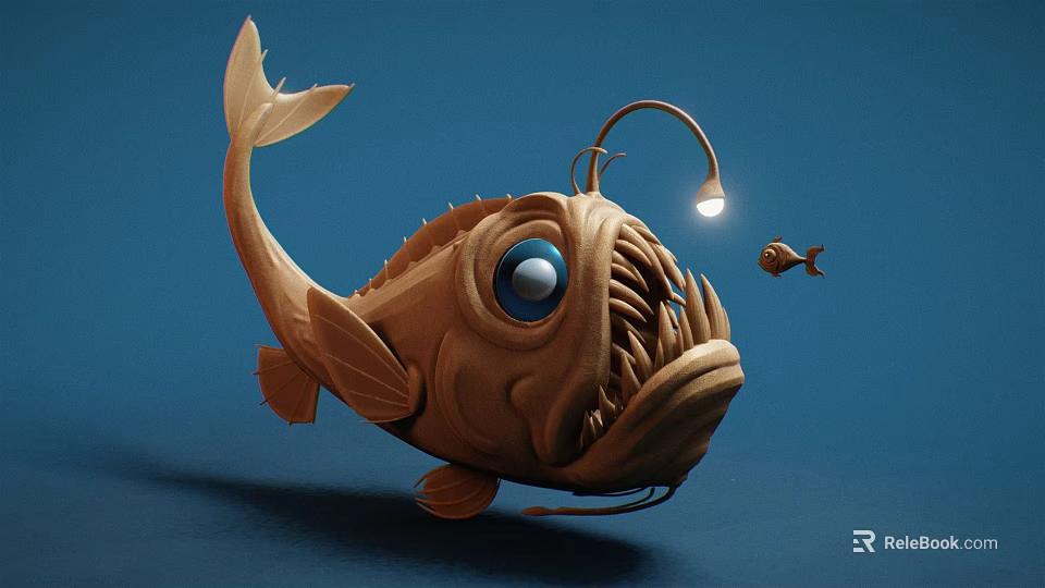 Anglerfish With Large Blue Eyes Sharp Teeth Illuminated Lure And Small Fish On Blue Background 3d model 