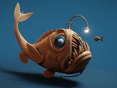 Anglerfish With Large Blue Eyes Sharp Teeth Illuminated Lure And Small Fish On Blue Background 3d model