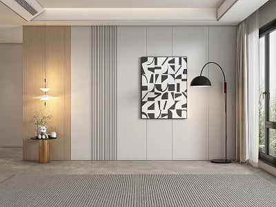 Modern Interior Wall With Wooden Gray Panels Geometric Artwork And Black Floor Lamp 3d model