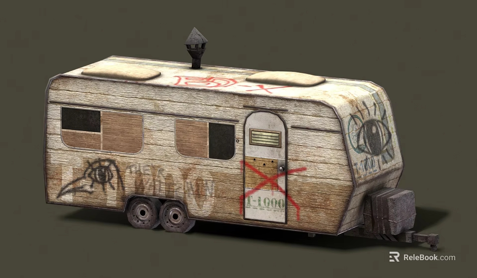 Vintage Car Trailer With Wooden Exterior Graffiti SOLD Sign Windows And Wheels 3d model 