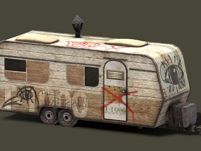 Vintage Car Trailer With Wooden Exterior Graffiti SOLD Sign Windows And Wheels 3d model