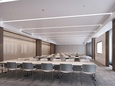 Modern Conference Room Interior With Neatly Arranged Tables Chairs Wooden Walls And Ceiling Light Strips 3d model