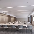Modern Conference Room Interior With Neatly Arranged Tables Chairs Wooden Walls And Ceiling Light Strips