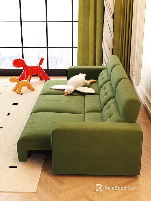 Green Sectional Sofa with Stuffed Duck Dog Toys and City View Window 3d model 