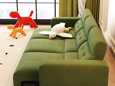 Green Sectional Sofa with Stuffed Duck Dog Toys and City View Window 3d model