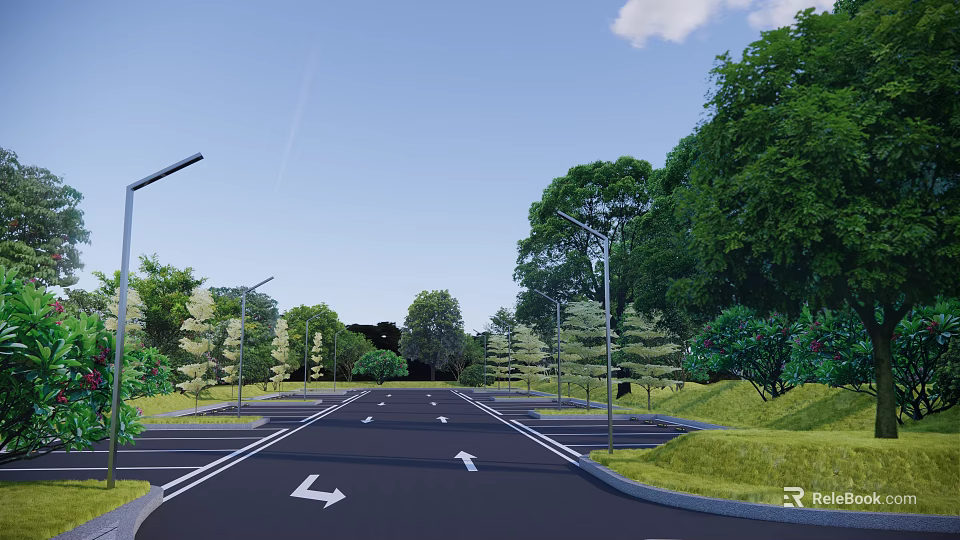 Scenic Road Lined With Trees Street Lights And Green Areas 3d model 