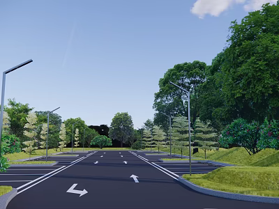 Scenic Road Lined With Trees Street Lights And Green Areas 3d model