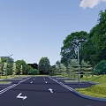 Scenic Road Lined With Trees Street Lights And Green Areas