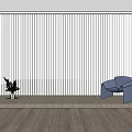 White Vertical Curtains In Modern Minimalist Room With Blue Chair And Wooden Floor