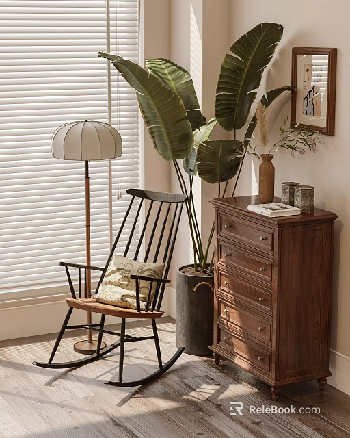 Stylish Accent Chair with Pillow by Floor Lamp Large Plant and Dresser Near Window Blinds 3d model 