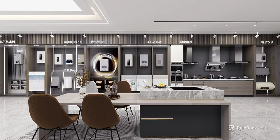 Modern Kitchen Showroom Interior With Marble Island Cabinets Appliances And Dining Chairs 3d model 