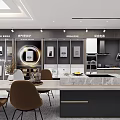 Modern Kitchen Showroom Interior With Marble Island Cabinets Appliances And Dining Chairs