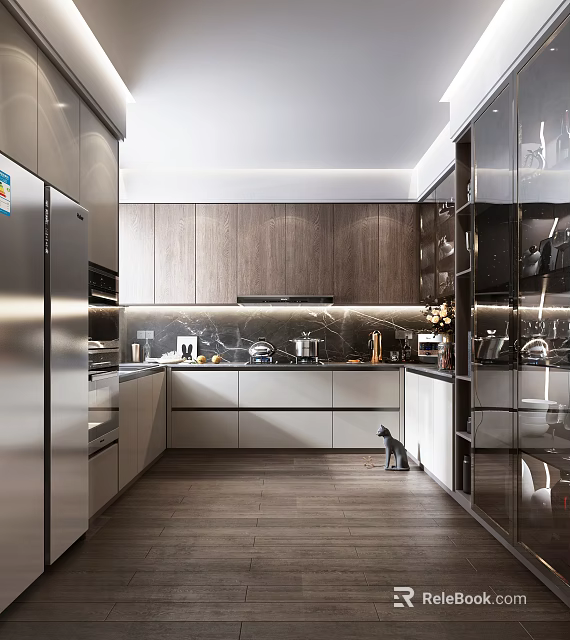 Modern Kitchen Interior Featuring Wooden Cabinets Stainless Steel Appliances Marble Island Countertops And Soft Lighting 3d model 