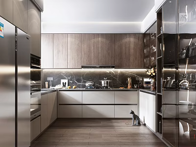 Modern Kitchen Interior Featuring Wooden Cabinets Stainless Steel Appliances Marble Island Countertops And Soft Lighting 3d model