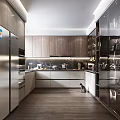 Modern Kitchen Interior Featuring Wooden Cabinets Stainless Steel Appliances Marble Island Countertops And Soft Lighting