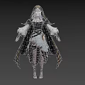 Woman With Dark Blue Hair In Hooded Black Cloak White Dress Puffy Sleeves Gothic Style