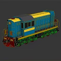 Blue and Yellow Train Model with Red Front Gray Roof on Reflective Surface 3d model