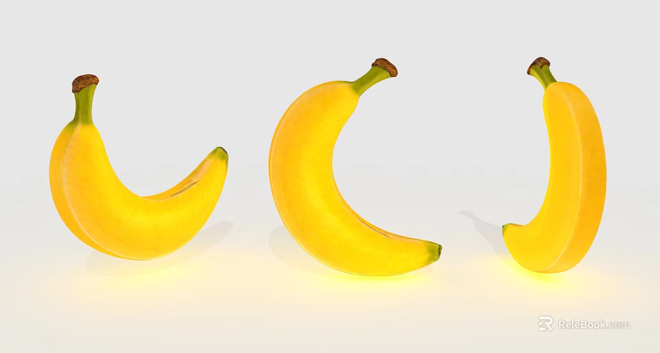 Three Bright Yellow Crescent Shaped Bananas Displayed on Light Background 3d model 