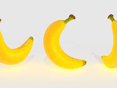 Three Bright Yellow Crescent Shaped Bananas Displayed on Light Background 3d model