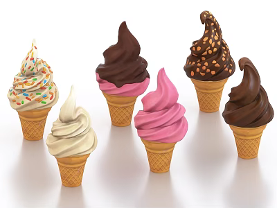 Colorful Ice Cream Cones with Chocolate Strawberry Vanilla Flavors and Sprinkles Nuts Toppings 3d model