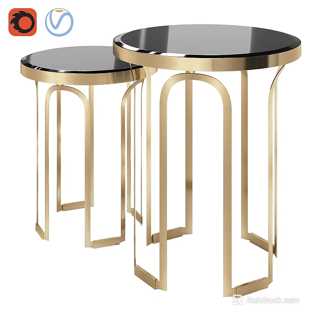 Modern Functional Tables Set with Black Tabletop and Gold Metal Legs 3d model 
