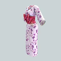 Pink Kimono With Purple Cherry Blossom Print And Red Bow Sash White Trimmed Cuffs