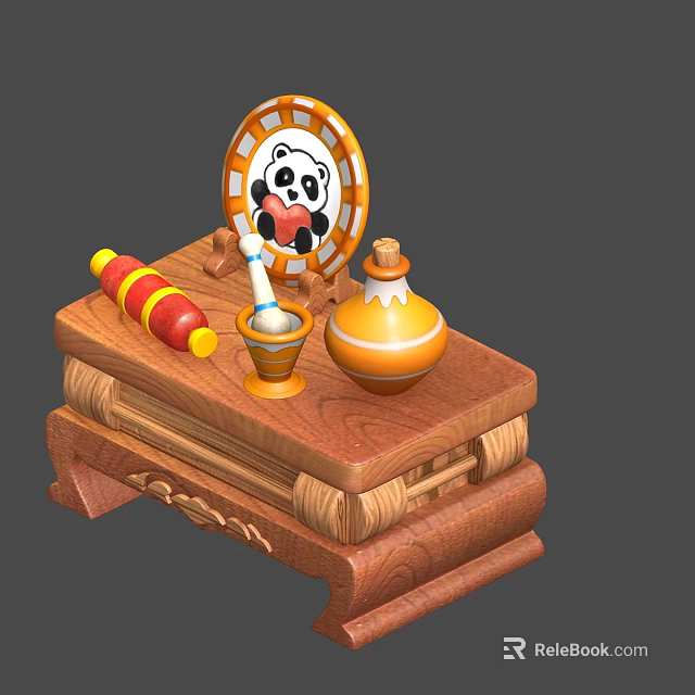 Traditional Wooden Functional Table with Panda Decorative Plate Striped Scroll and Orange Container 3d model 