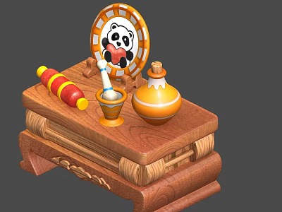 Traditional Wooden Functional Table with Panda Decorative Plate Striped Scroll and Orange Container 3d model
