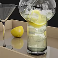 Refreshing Cocktail Drink in Glass with Ice Cubes and Lemon on Black Tray with Martini Glass