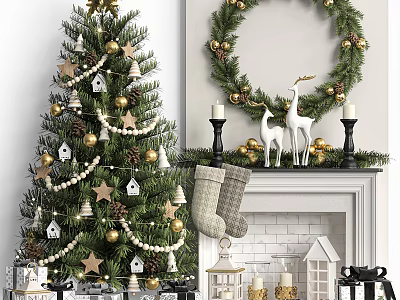 Festive Christmas Fireplace Decor With Tree Wreath Reindeer Stockings Garland And Ornaments 3d model