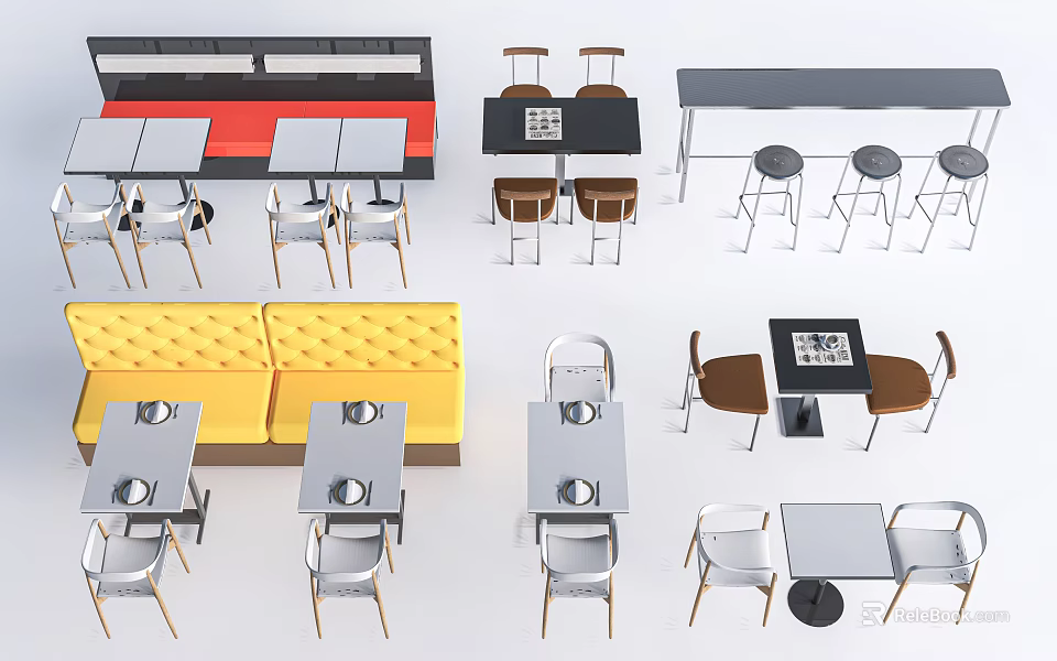 Dining Tables With Chairs Yellow Sofa Booth Various Styles And Different Colors 3d model