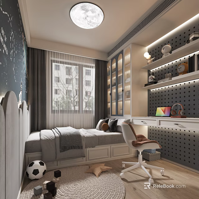 Tatami Bedroom Interior With Tatami Bed Study Desk Open Shelves And Perforated Wall Panel 3d model 