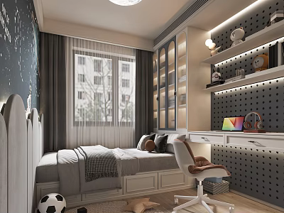 Tatami Bedroom Interior With Tatami Bed Study Desk Open Shelves And Perforated Wall Panel 3d model