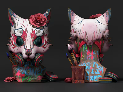 Game Movie Character Cat With Rose Colorful Graffiti Green Eyes HONEY PARTY Text Paintbrush Holder 3d model