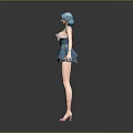 Woman With Turquoise Hair In Blue Dress And Hair Accessory Standing With Arms Outstretched