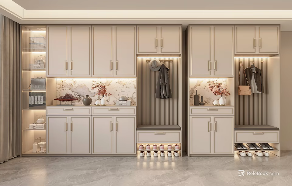 Modern Shoe Cabinet Interior With Storage Cabinets And Hanging Hooks 3d model