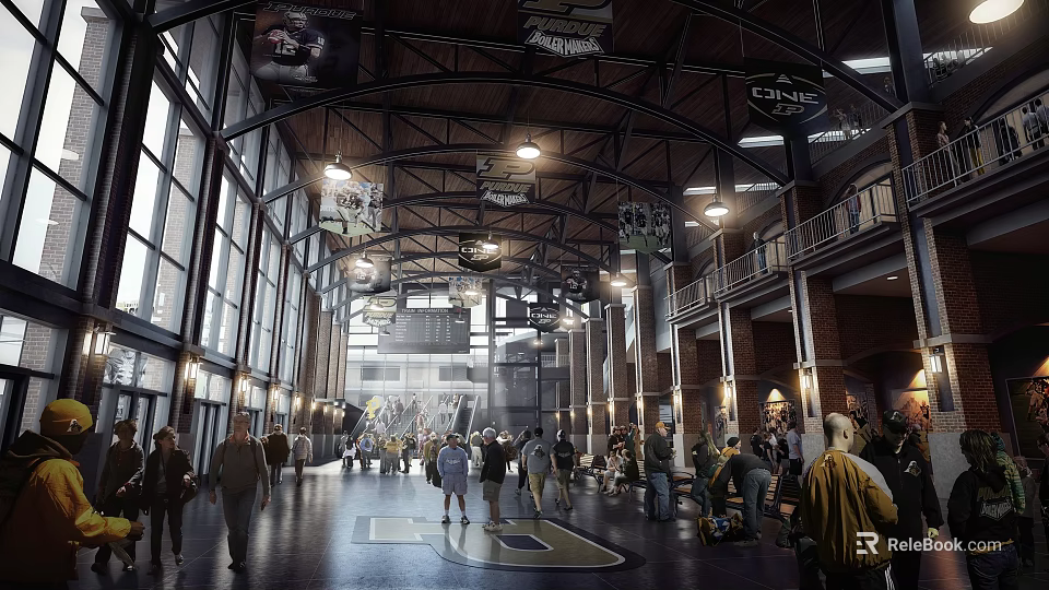 Busy Indoor Commercial Street With Steel Structure Ceiling Large Windows And Hanging Banners 3d model 