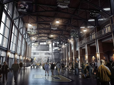 Busy Indoor Commercial Street With Steel Structure Ceiling Large Windows And Hanging Banners 3d model