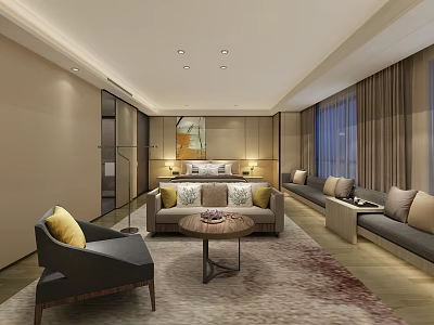 Elegant Hotel Guest Room Interior With Comfortable Sofa Area King Bed And Large Window Curtains 3d model