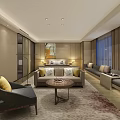 Elegant Hotel Guest Room Interior With Comfortable Sofa Area King Bed And Large Window Curtains