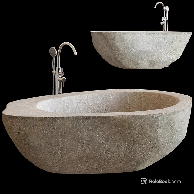Natural Stone Oval Bathtub Design With Modern Faucet And Rustic Texture 3d model 