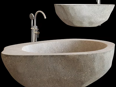 Natural Stone Oval Bathtub Design With Modern Faucet And Rustic Texture 3d model