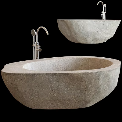 Natural Stone Oval Bathtub Design With Modern Faucet And Rustic Texture 3d model