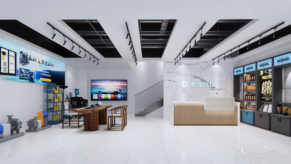 Modern 4S Store Showroom Interior With Reception Desk Display Area And Lighting Design 3d model 